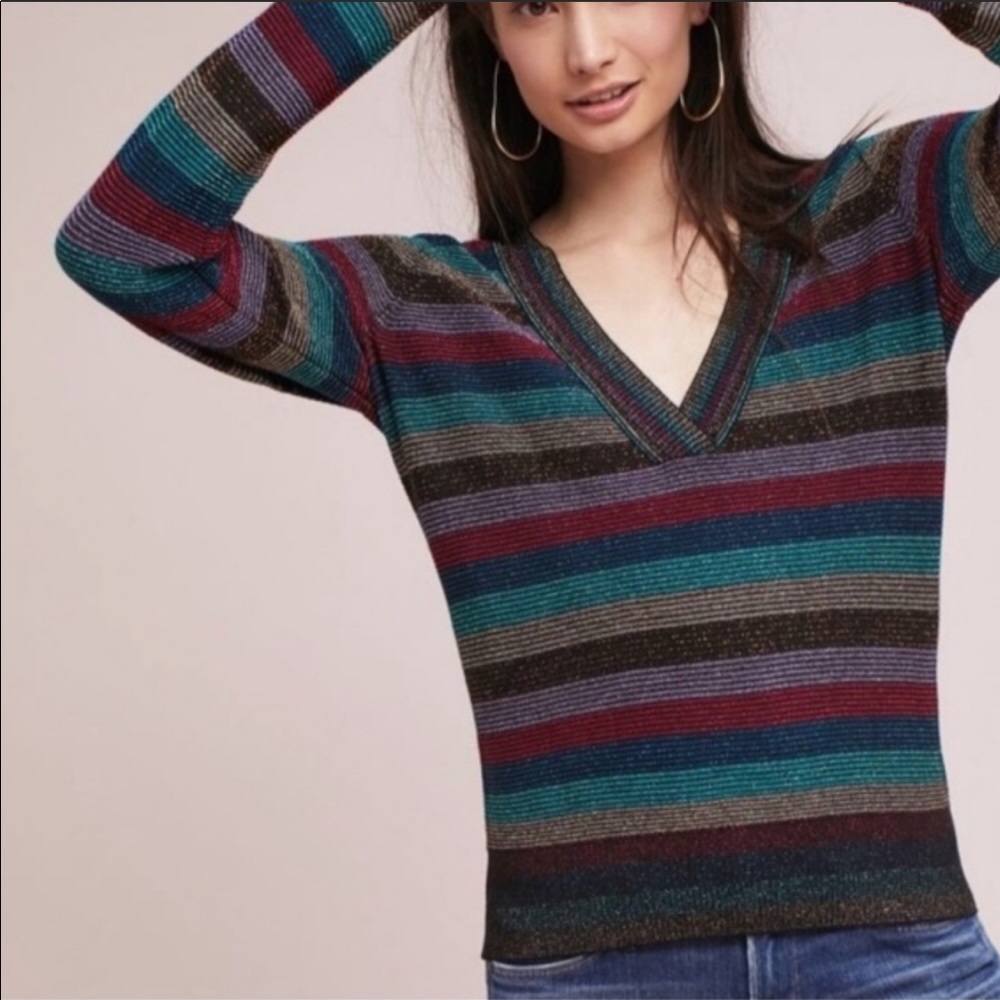 Anthropologie Moth Vneck metallic stripped sweater